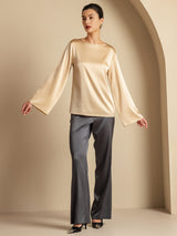 [Champagne] SilkSilky  19Momme Stretch Silk Charmeuse Long Sleeve Boat Neck Blouse 008
