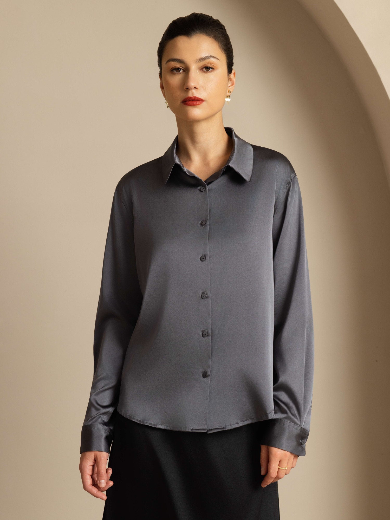 [Dark Gray] SilkSilky  Silk Long Sleeve Lapel Collar Women's Shirt 003