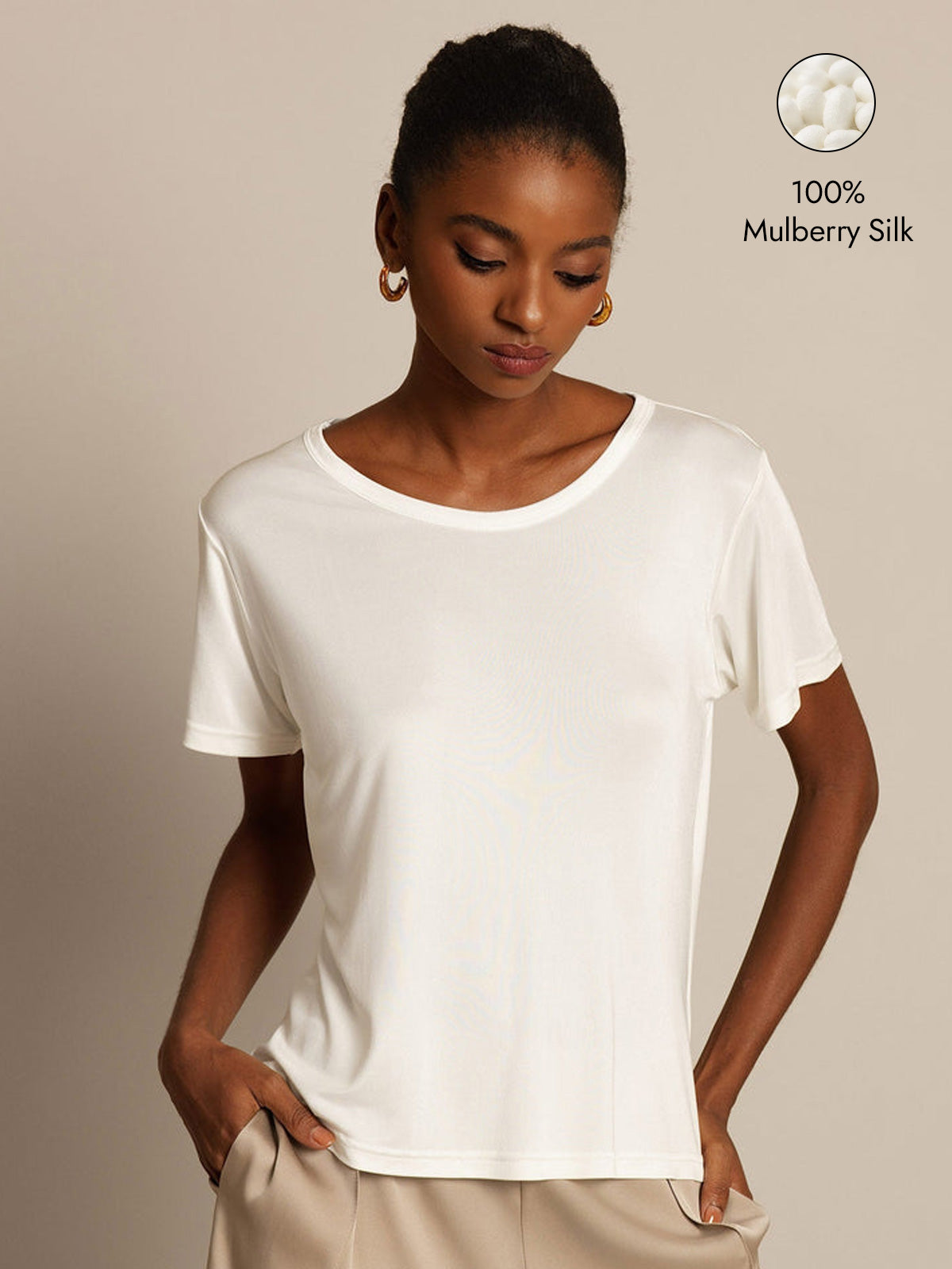 [White] SilkSilky  Silk Knitted Short Sleeve Round Neck Women's T-Shirt 001