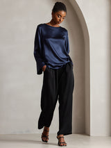 [Dark Blue] SilkSilky  19Momme Stretch Silk Charmeuse Long Sleeve Boat Neck Blouse 004