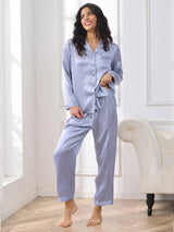 [Steel Blue] SilkSilky  Long Sleeve Lapel Collar Women's Pajamas 004