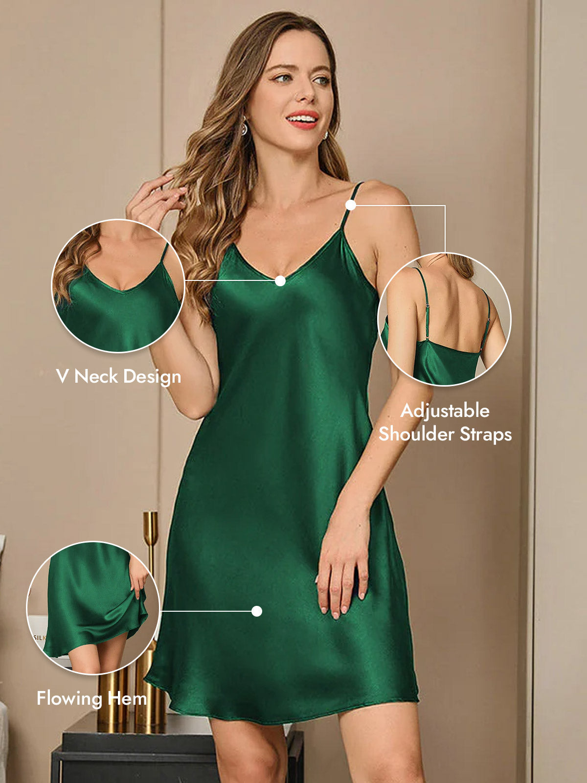 [Dark Green] SilkSilky  Pure Silk V Neck Nightgown 005
