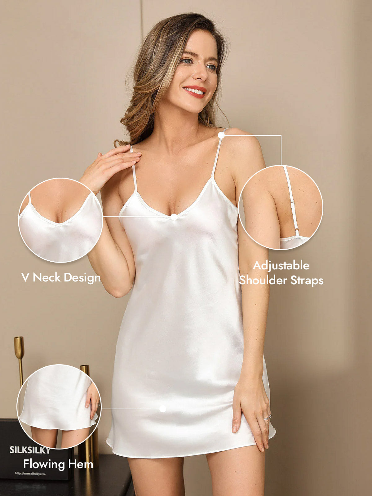 [White] SilkSilky  Pure Silk V Neck Nightgown 005