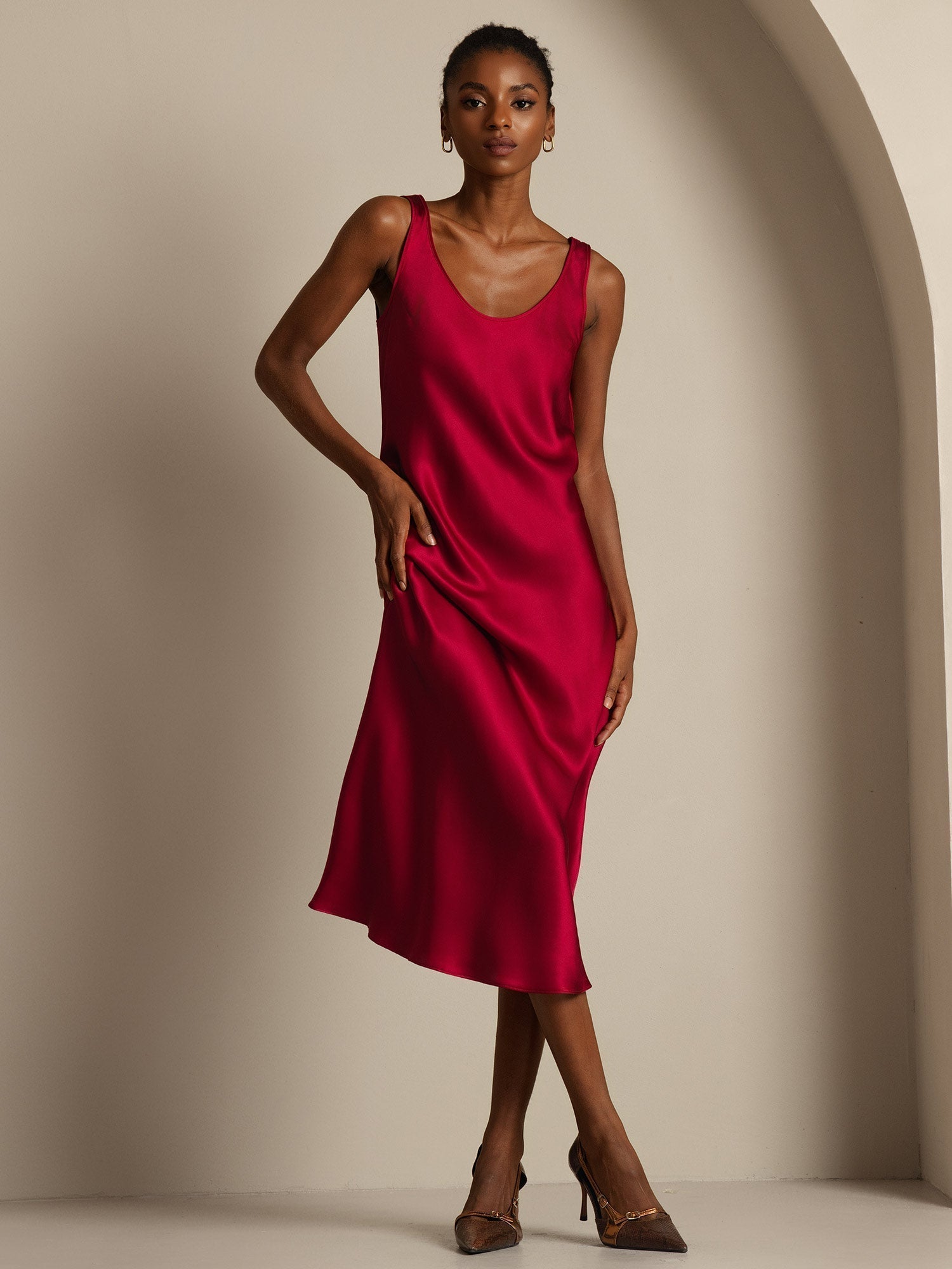 [Wine] SilkSilky  Pure Silk Boat Neck Dress 006,