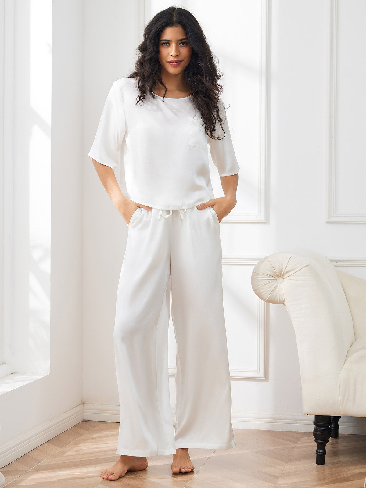 [White] SilkSilky  Half Sleeve Round Neck Women's Pajamas 004