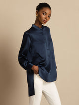 [Dark Blue] SilkSilky  19Momme Stretch Silk Charmeuse Long Sleeve Stand Collar Blouse 005