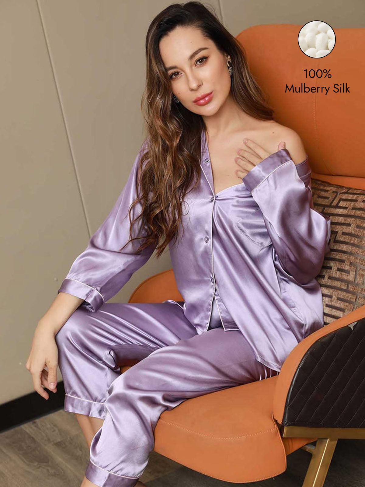 [Lavender] SilkSilky  Silk Long Sleeve Notch Collar Women's Pajamas 001