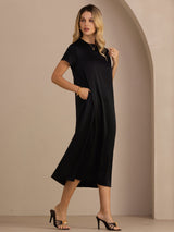 [Black] SilkSilky Short Sleeve Round Neck Dress 001