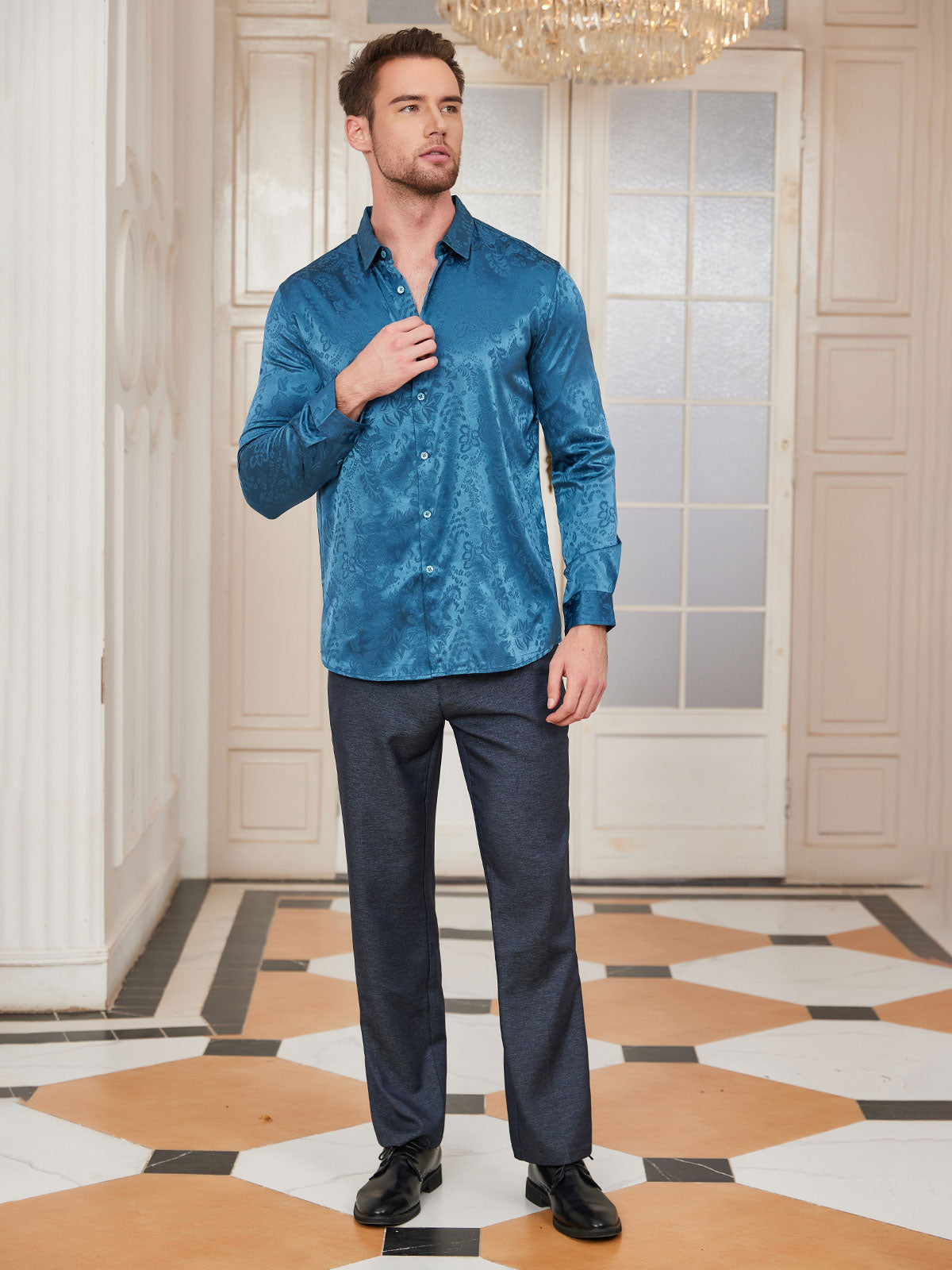 [Teal] SilkSilky  Silk Collar Men's Shirt 004