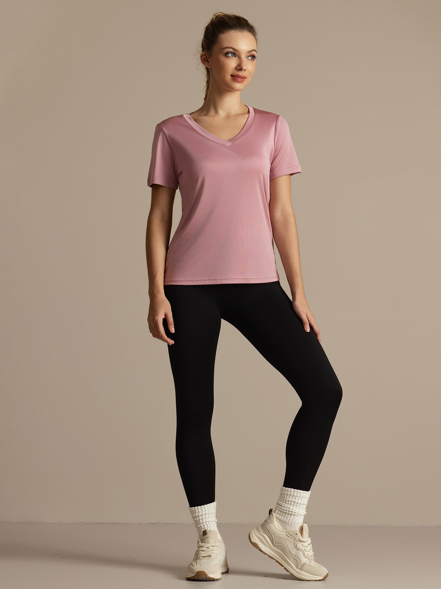 [Pale Mauve] SilkSilky  Short Sleeve V Neck Women's T-Shirt 001