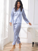 [Steel Blue] SilkSilky  Long Sleeve Lapel Collar Women's Pajamas 004