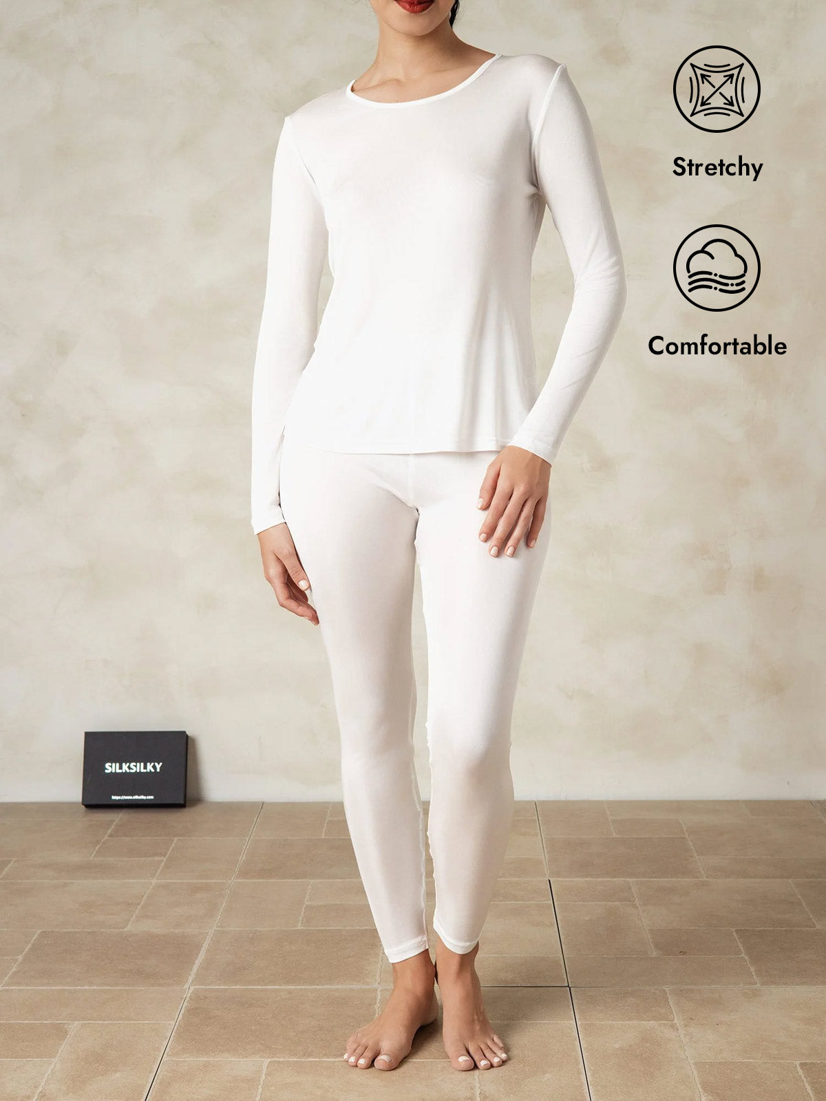 [White] SilkSilky  Silk Long Sleeve Round Neck Long Johns 001