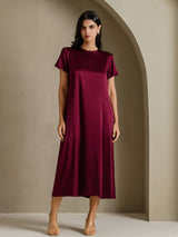 [Dark Red] SilkSilky  Short Sleeve Crew Neck Dress 003
