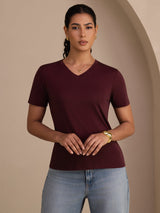 [Wine] SilkSilky  Short Sleeve V Neck Women's T-Shirt 004