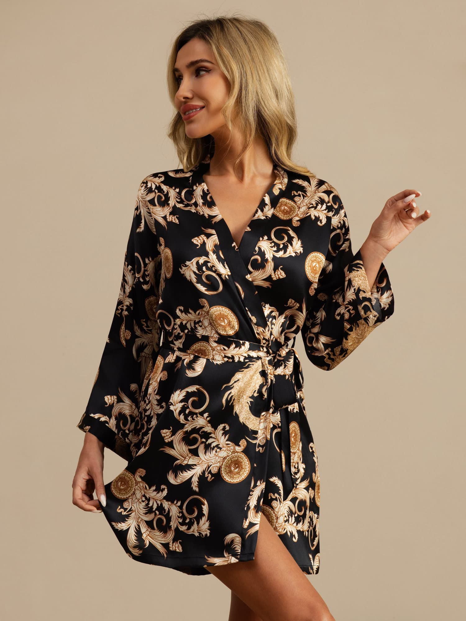 [Black Dragon] SilkSilky  3/4 Sleeve V Neck Women's Robe 003