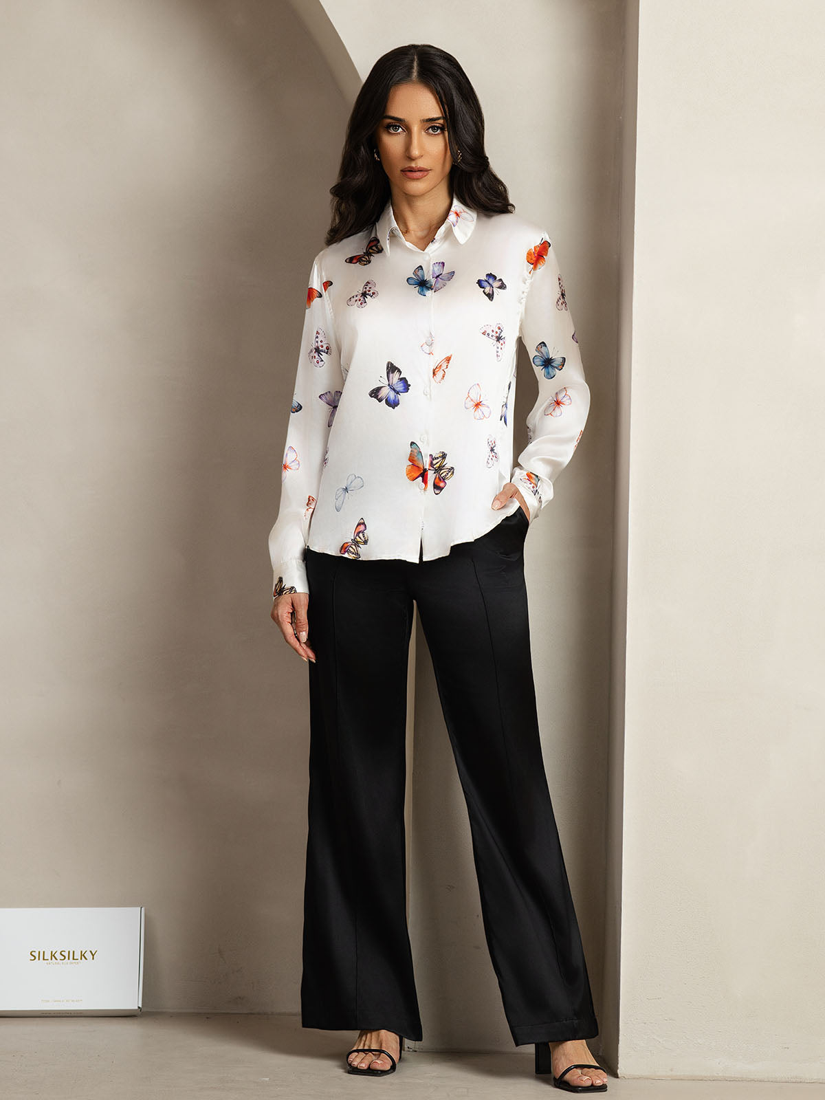 [White Butterfly] SilkSilky  Silk Lapel Collar Women's Shirt 003