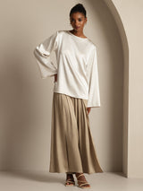 [White] SilkSilky  19Momme Stretch Silk Charmeuse Long Sleeve Boat Neck Blouse 006