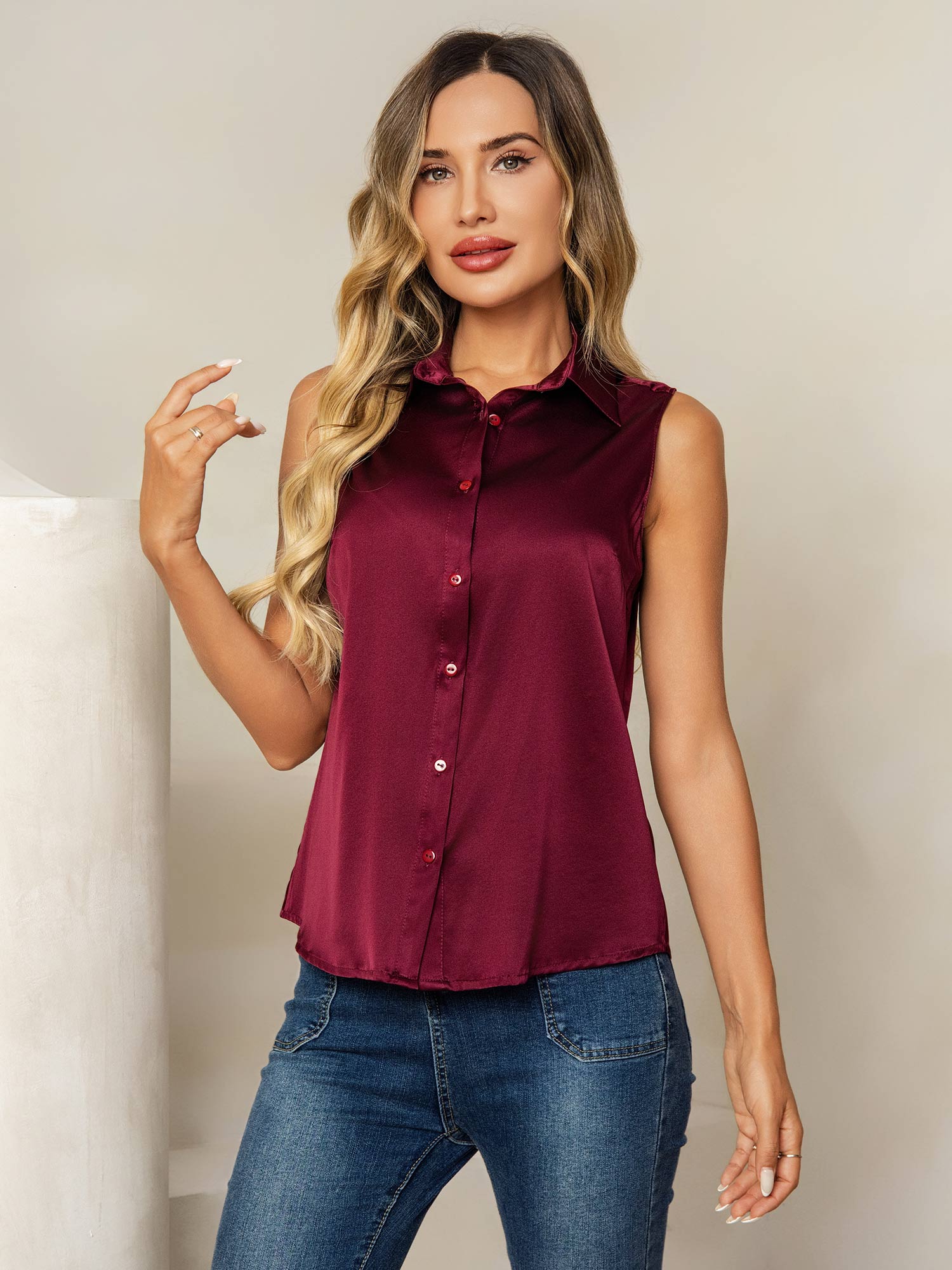 [Dark Red] SilkSilky  19Momme Silk Lapel Collar Women's Shirt 001