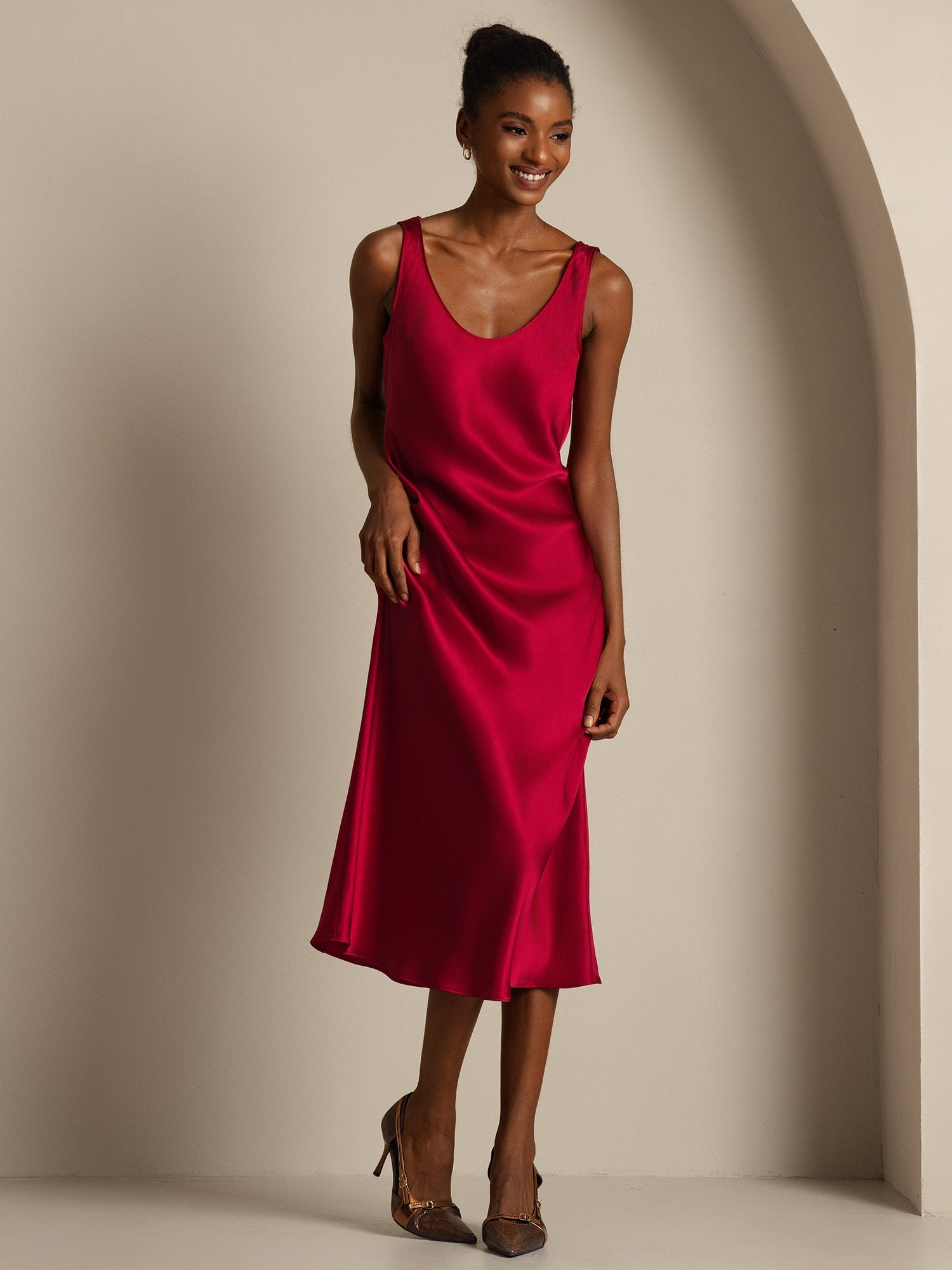 [Wine] SilkSilky  Pure Silk Boat Neck Dress 003,