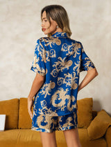 [Navy Dragon] SilkSilky  Short Sleeve Notch Collar Women's Pajamas 002