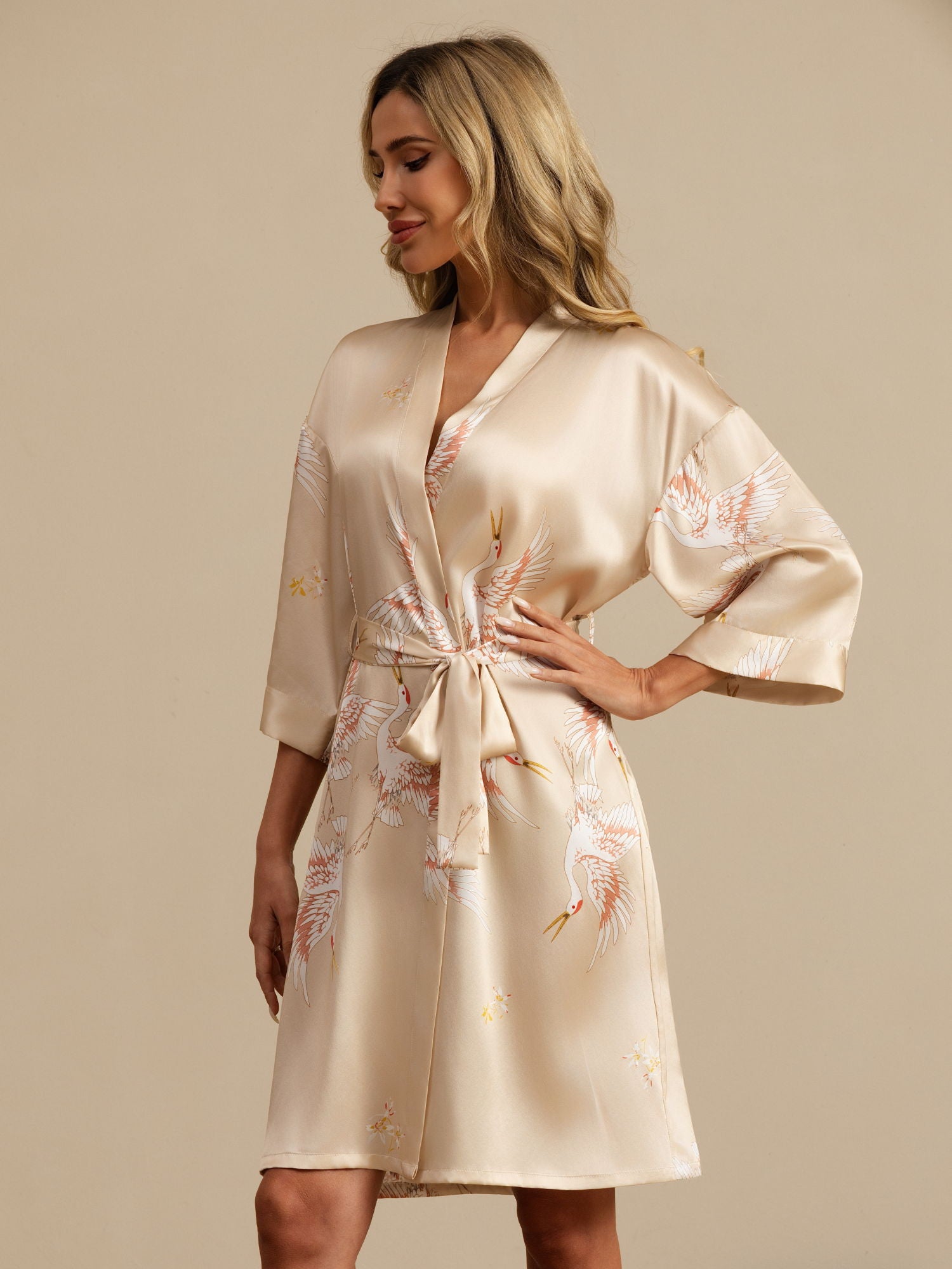 [Champagne] SilkSilky  19Momme 3/4 Sleeve Women's Robe 001