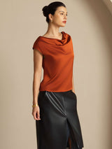 [Caramel] SilkSilky  19Momme Stretch Silk Charmeuse Cap Sleeve Cowl Neck Women's T-Shirt 006