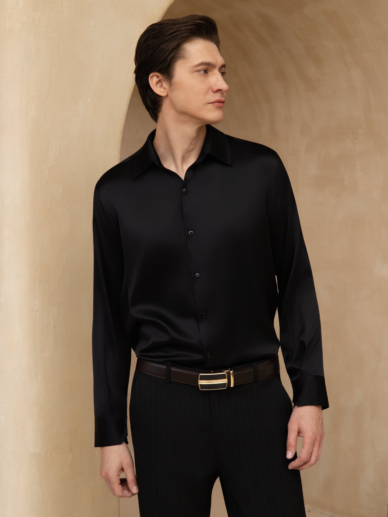 SilkSilky 19Momme Silk Men's Long Sleeve Lapel Collar Classic Business Shirt, Black / L(40)