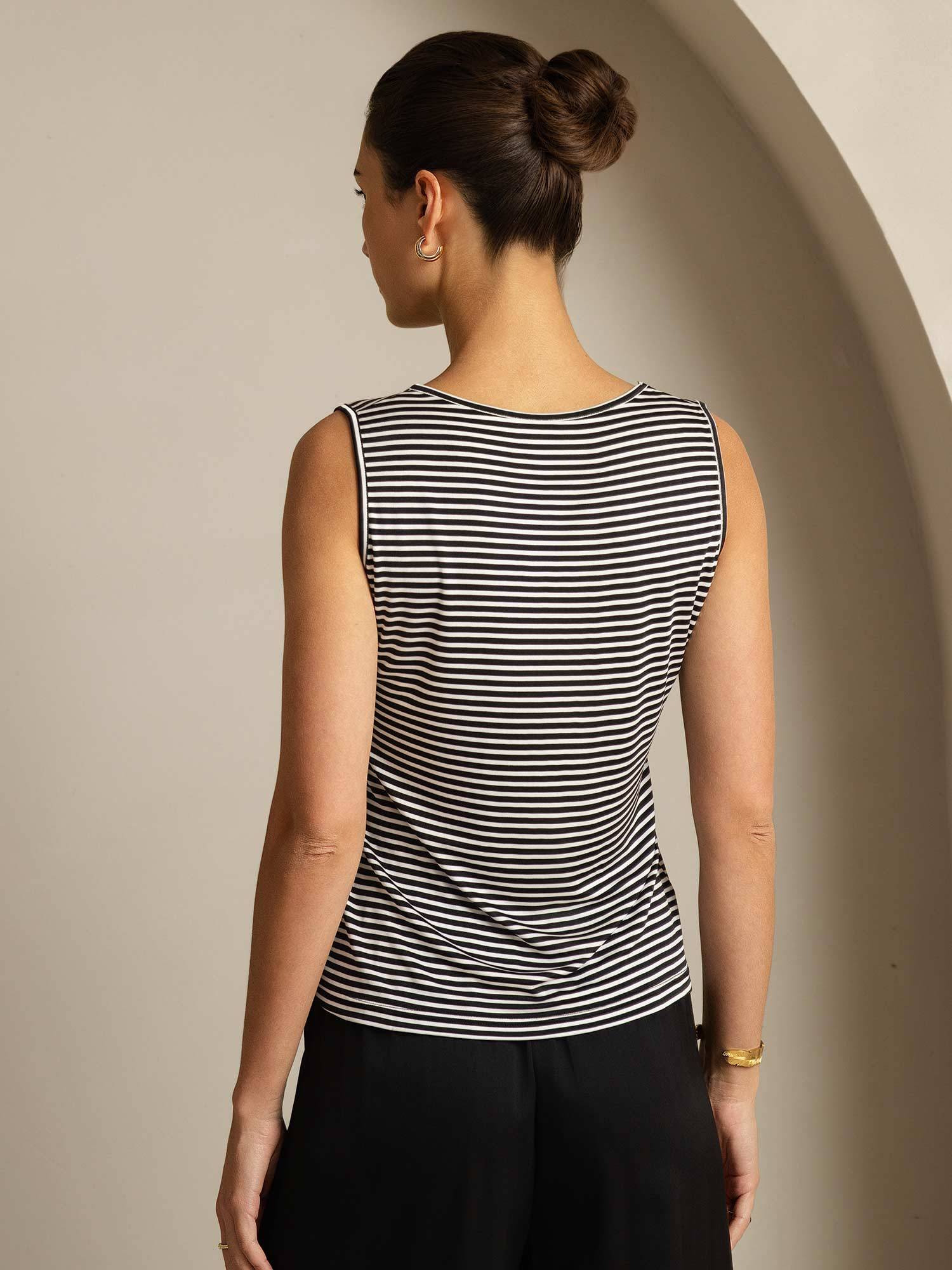 [White Stripe] SilkSilky  Silk Sleeveless Round Neck Camisole Top 002