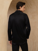 [Black] SilkSilky 19Momme Stretch Silk Charmeuse Long Sleeve Lapel Collar Men's Shirt 002