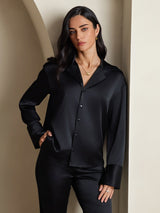 [Black] SilkSilky  19Momme Long Sleeve Notch Collar Women's Shirt 001