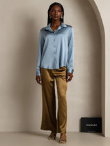 [Grayish Blue] SilkSilky  19Momme Stretch Silk Charmeuse Long Sleeve Lapel Collar Women's Shirt 006
