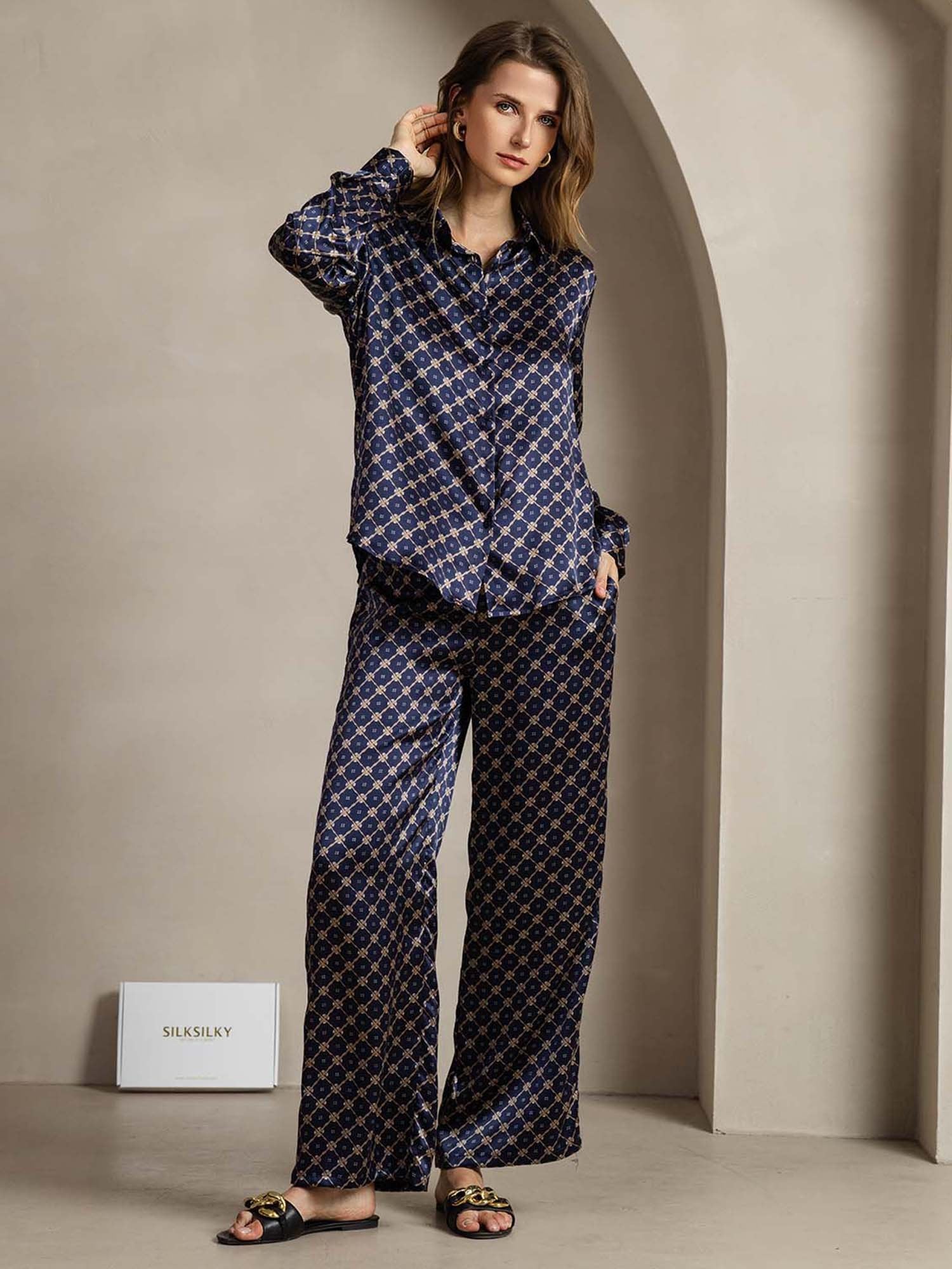 [NavyChain] SilkSilky 19Momme Silk Lapel Collar Women''s Outfit Sets 003