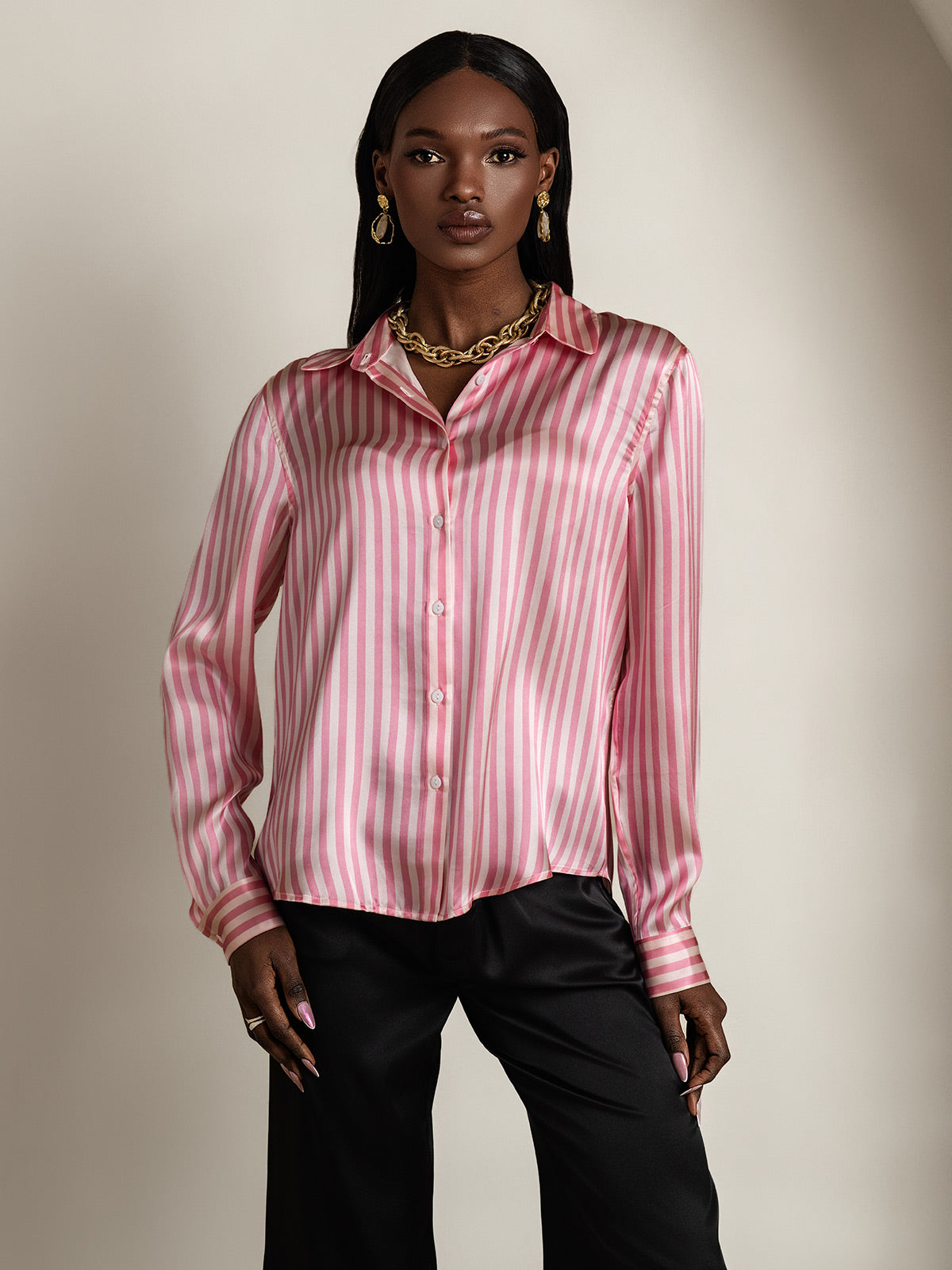 [Pink Stripe] SilkSilky  Long Sleeve Lapel Collar Women's Shirt 004