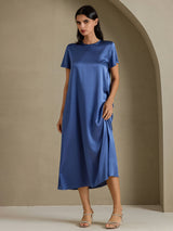 [Real Teal] SilkSilky  Short Sleeve Crew Neck Dress 007
