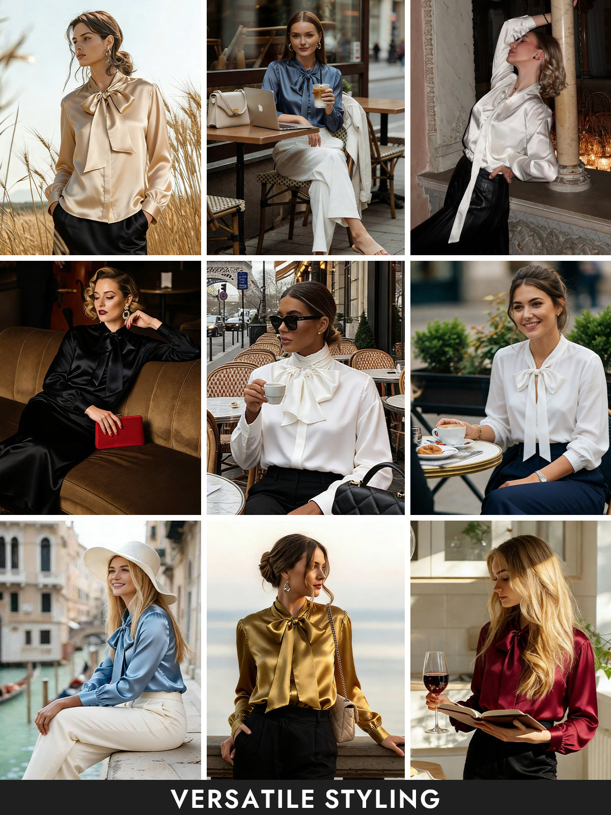 [Black] SilkSilky  19Momme Silk Long Sleeve Tie Neck Blouse 009