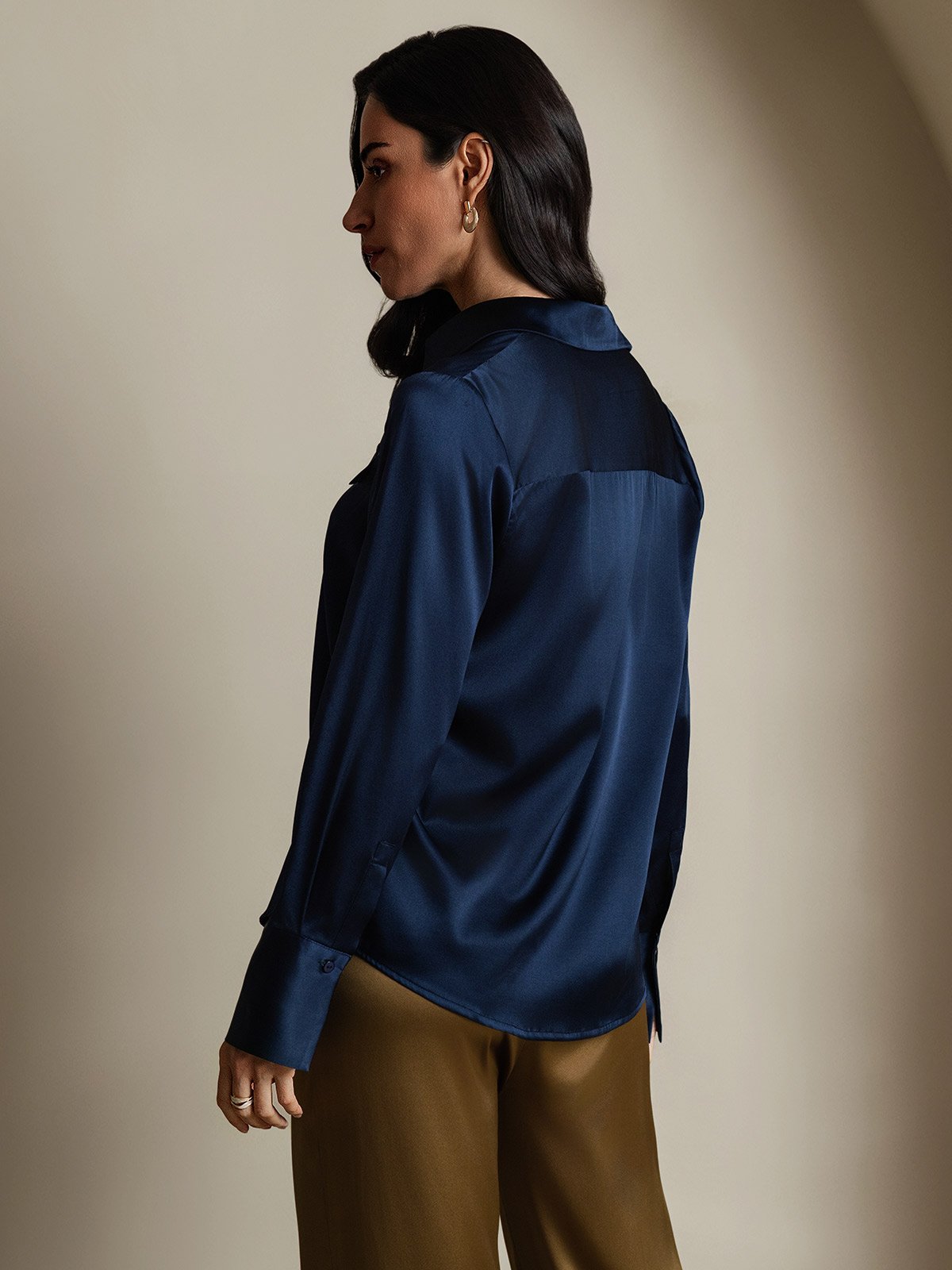 SilkSilky 19Momme Silk Long Sleeve Collar Women's Shirt DarkBlue 002