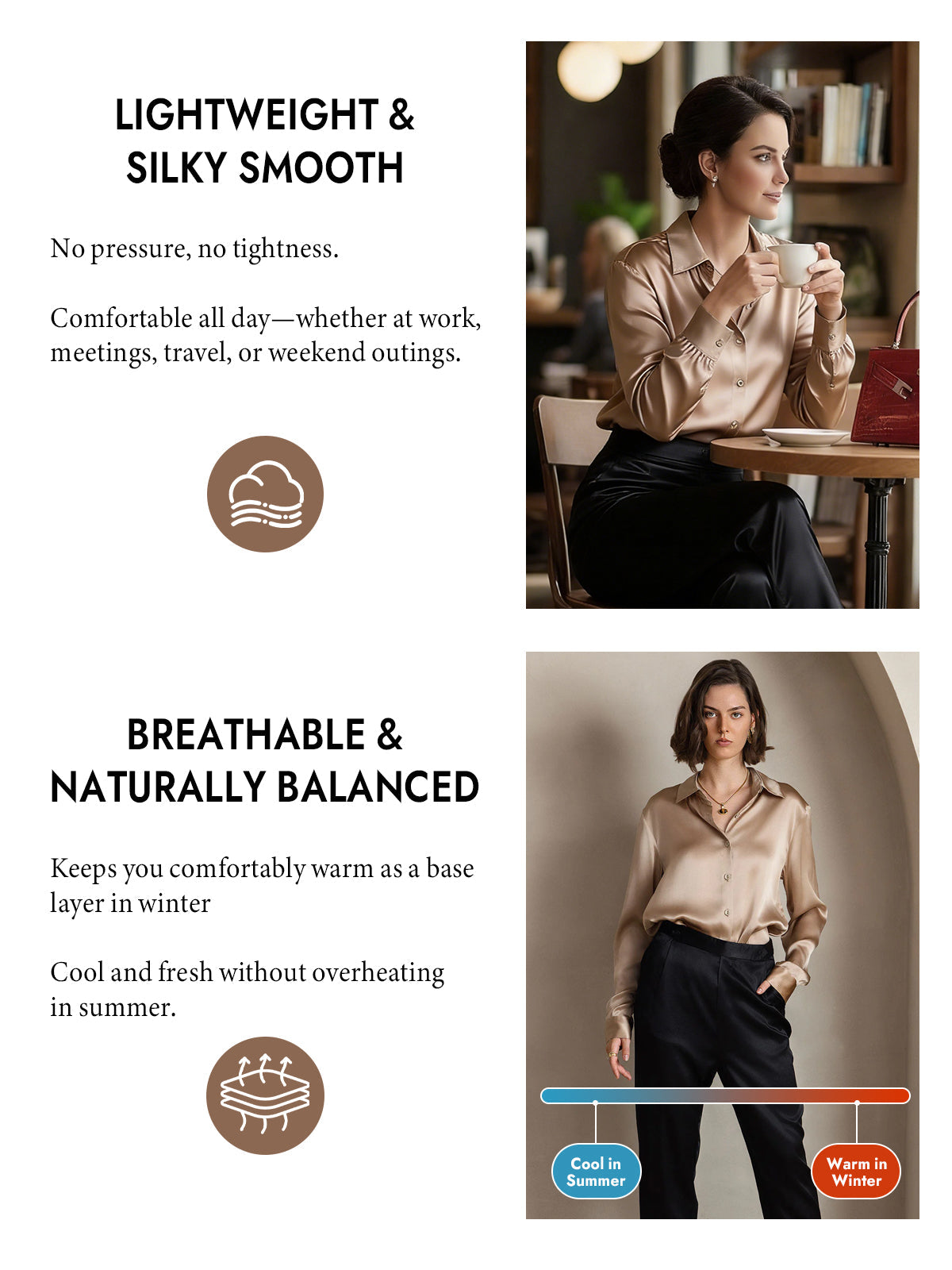 [Champagne] SilkSilky  Silk Long Sleeve Lapel Collar Women's Shirt 004