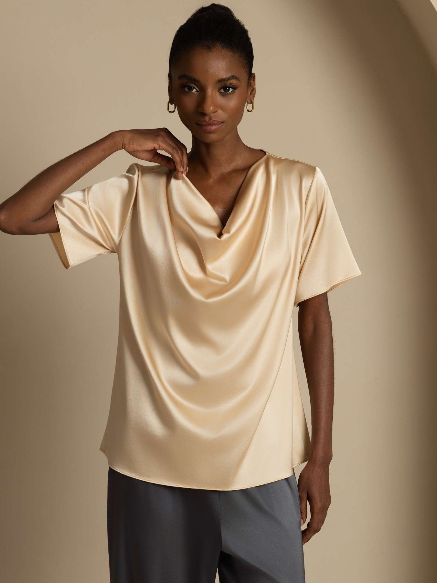 [Champagne] SilkSilky  19Momme Silk Short Sleeve Cowl Neck Blouse 005