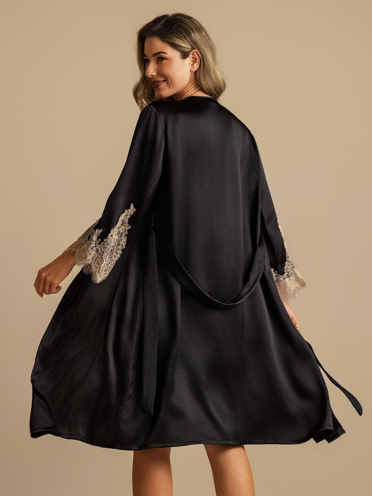 [Black] SilkSilky  Pure Silk Nightgown&Robe Set 002,