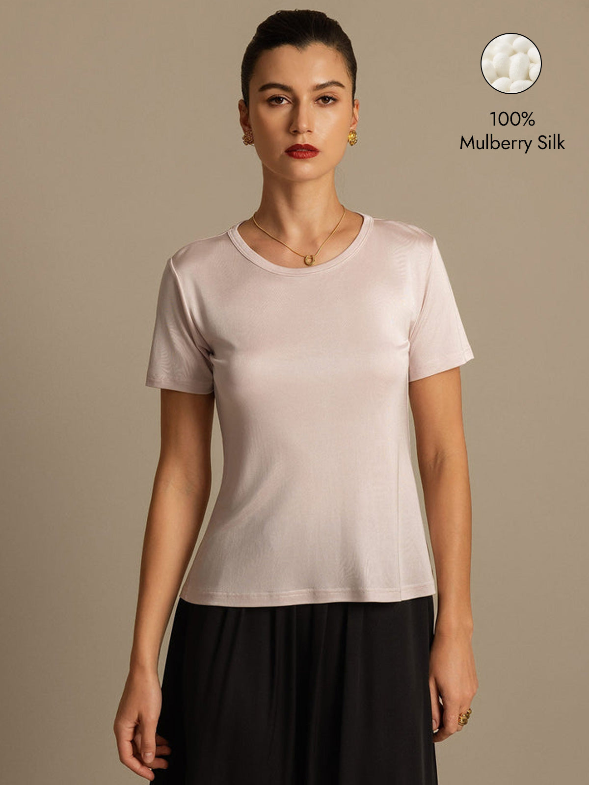 [Light Pink] SilkSilky  Silk Knitted Short Sleeve Round Neck Women's T-Shirt 001