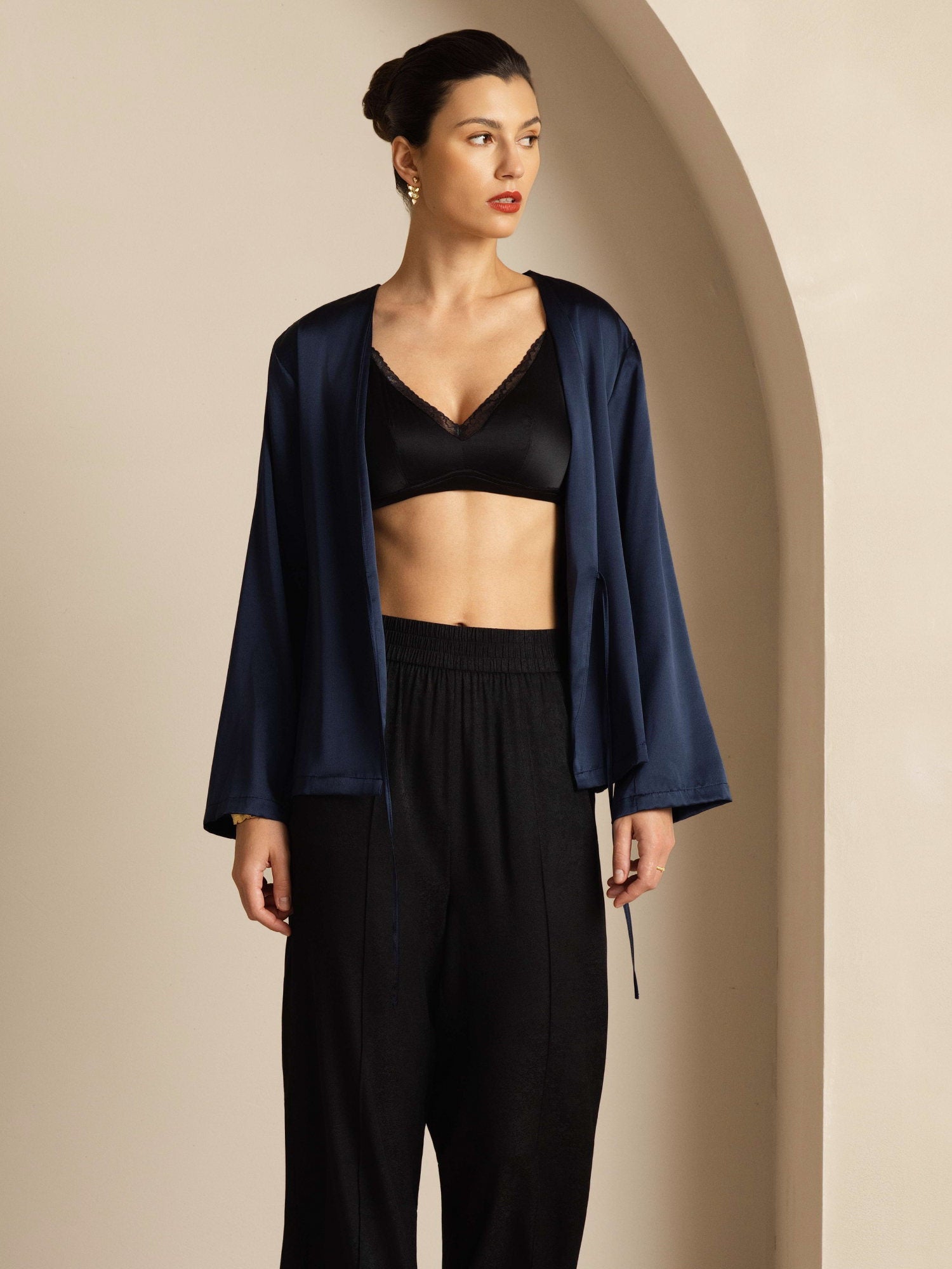 [Dark Blue] SilkSilky  19Momme Stretch Silk Charmeuse Long Sleeve Women's Outerwear 005