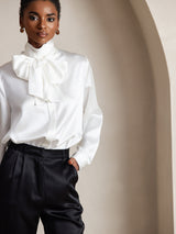 [White] SilkSilky  Long Sleeve Tie Neck Blouse 006