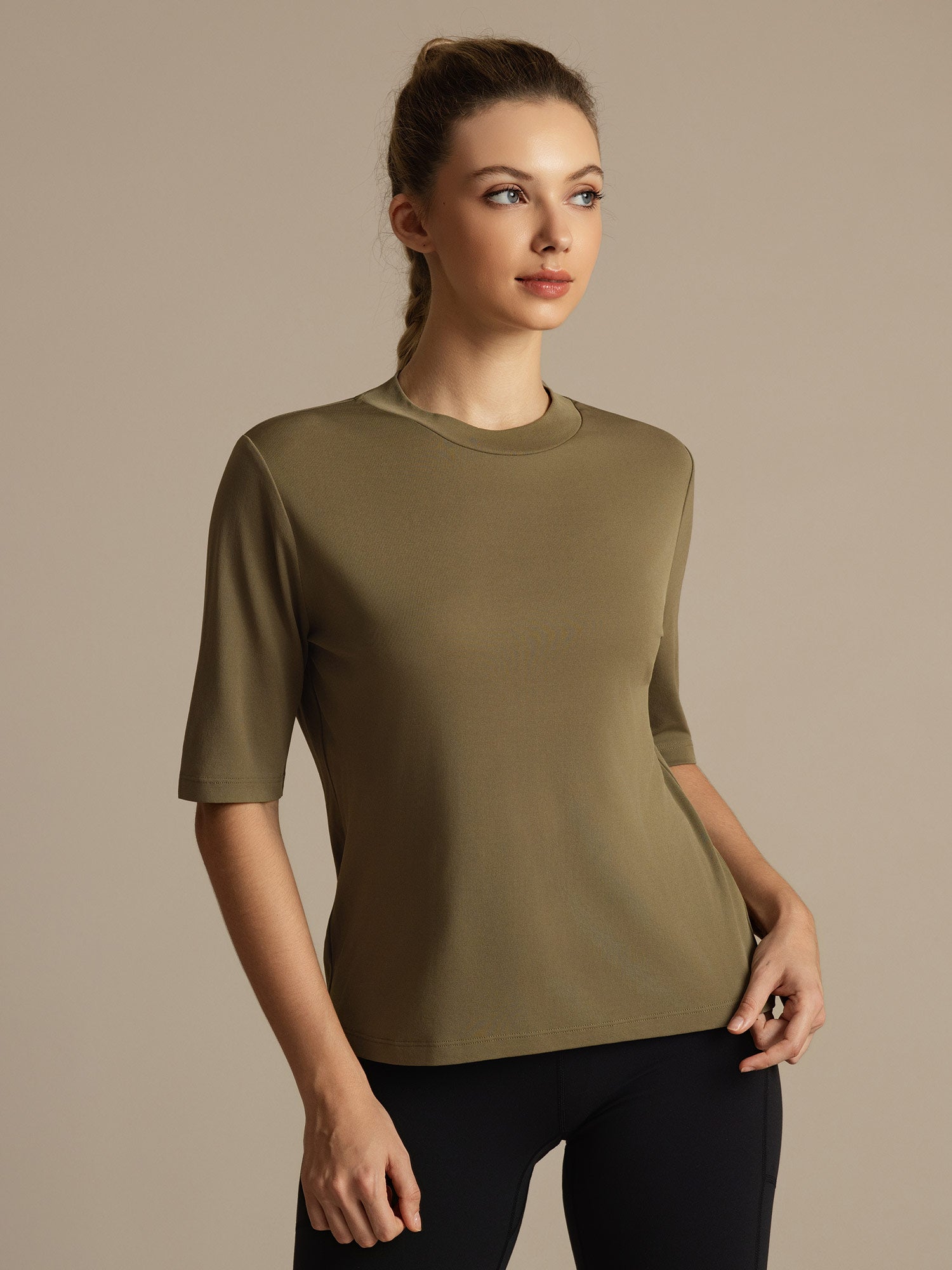 [Burnt Olive] SilkSilky  100% High-Twist Silk Jersey Half Sleeve Crew Neck Women's T-Shirt 002