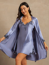 [Steel Blue] SilkSilky  3/4 Sleeve V Neck Nightgown&Robe Set 001