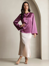 [Deep Purple] SilkSilky  19Momme Stretch Silk Charmeuse Long Sleeve Boat Neck Blouse 006