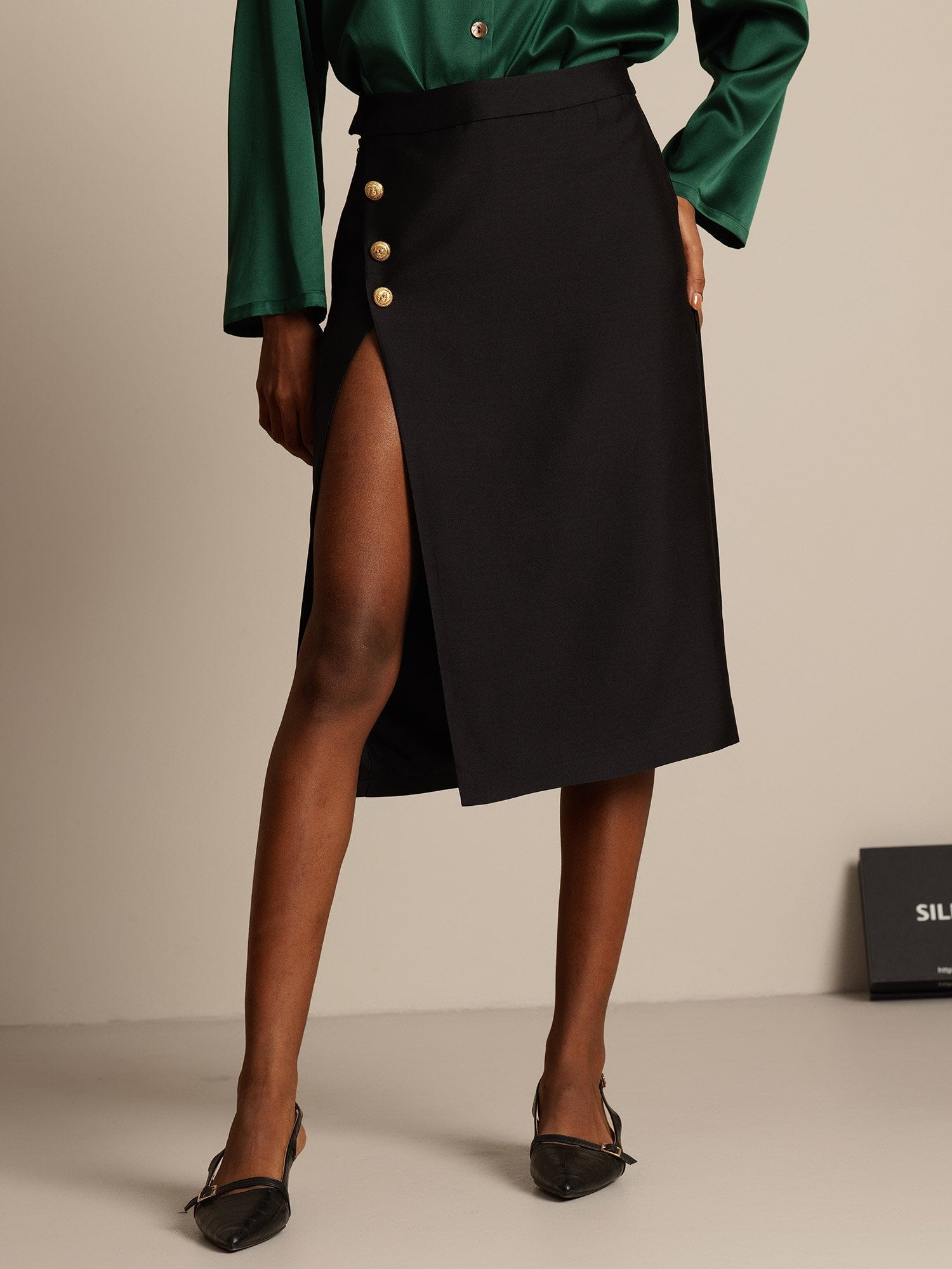 [Black] SilkSilky  32Momme Silk Split Skirt 001,