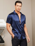 SilkSilky US Silk Blend Short Sleeve Collar Men's Shirt DarkBlue 006