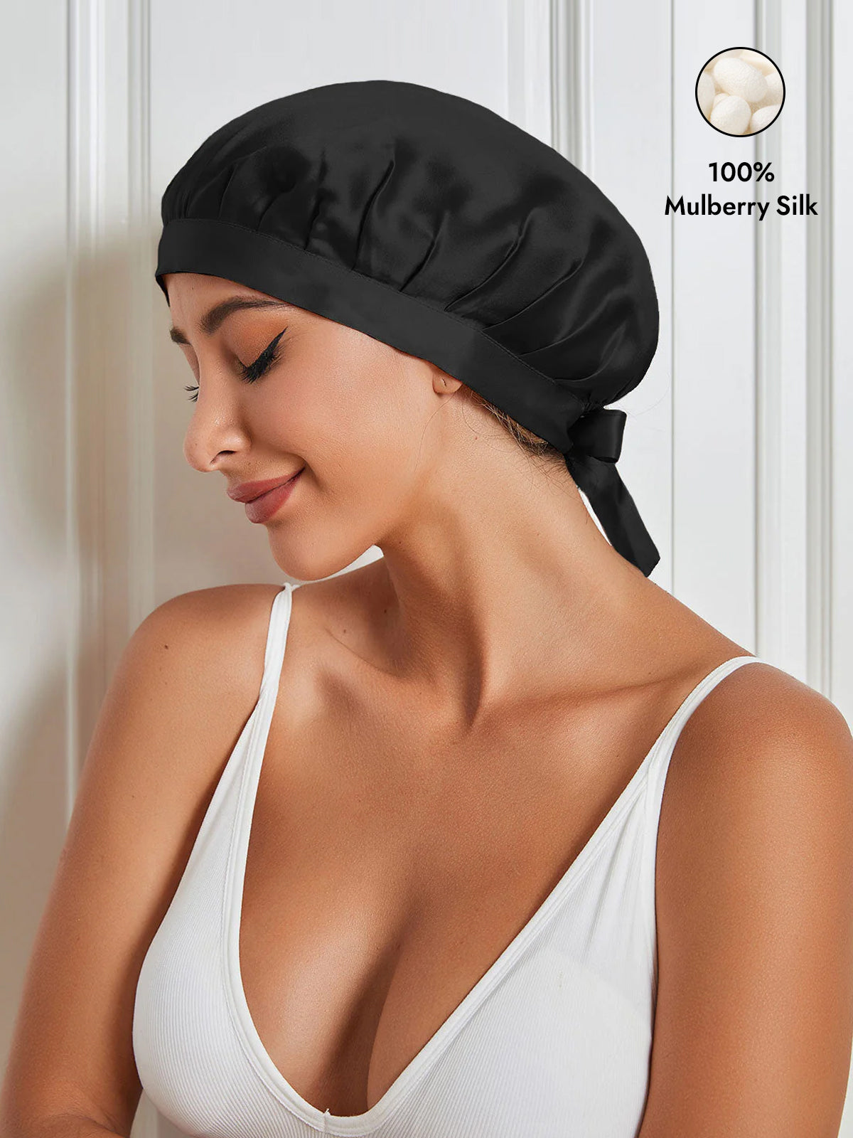 [Black] SilkSilky  Pure Silk Sleep Cap 001