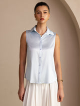 [Light Blue] SilkSilky  Sleeveless Lapel Collar Women's Shirt 001