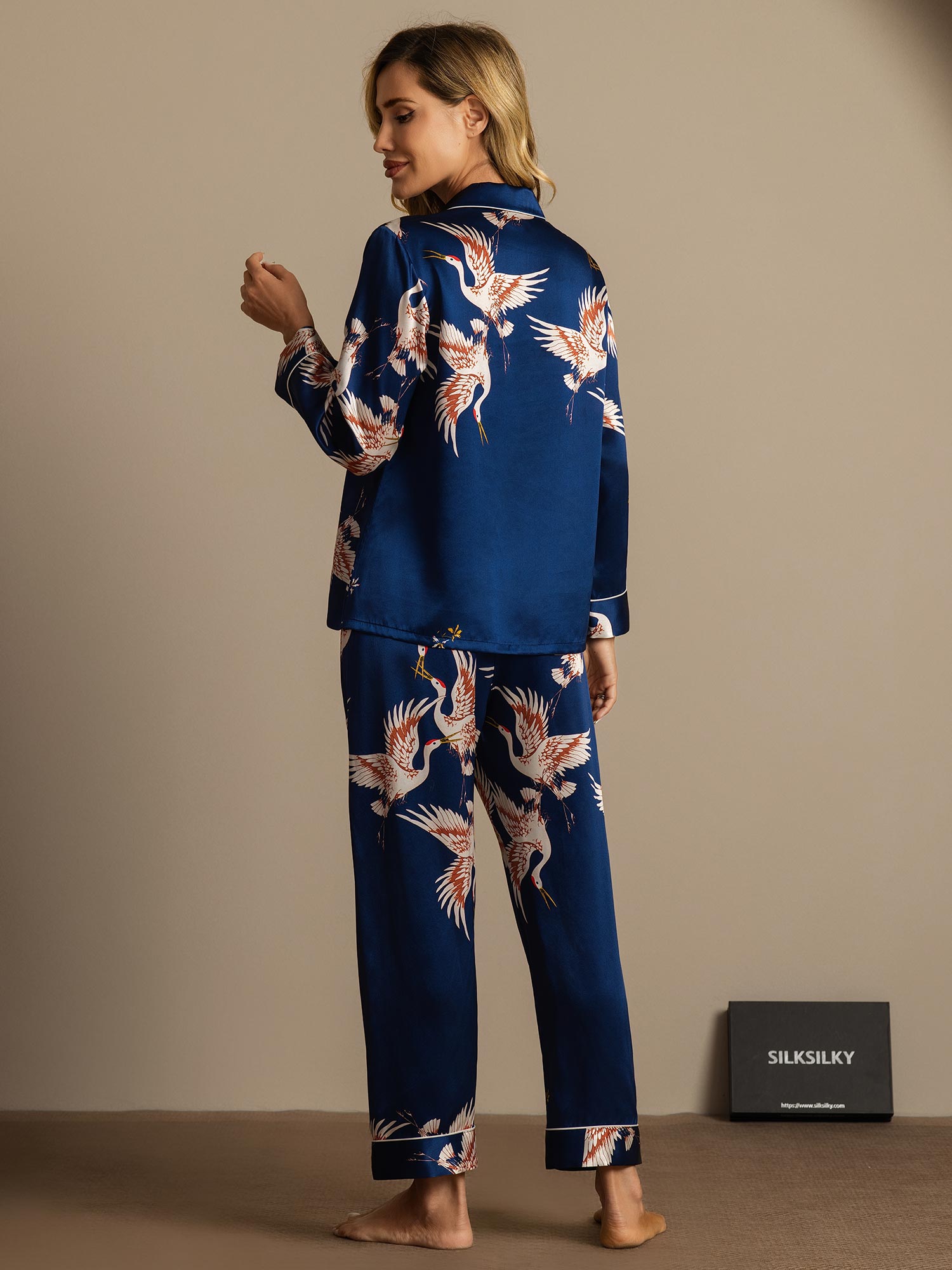 [Dark Blue] SilkSilky  19Momme Pure Silk Notch Collar Women's Pajamas 002,